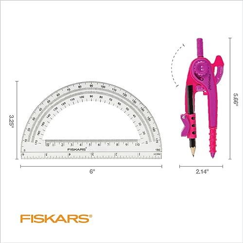 Fiskars 2-Piece Plastic Compass & Protractor Set, Color May Vary | Math Geometry Kit for Kids 8+, Back to School Supplies, Includes Pencil