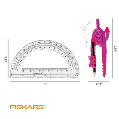 Fiskars 2-Piece Plastic Compass & Protractor Set, Color May Vary | Math Geometry Kit for Kids 8+, Back to School Supplies, Includes Pencil