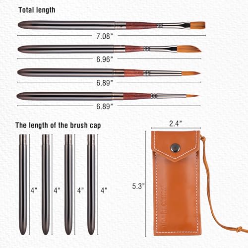 Falling in Art 4 Pcs Travel Watercolor Paint Brush Set | Synthetic Wolf Hair Travel Paintbrush with Leather Pouch for Acrylic, Gouache, Oil and Watercolor Painting - size: 4 Pcs Small to Medium