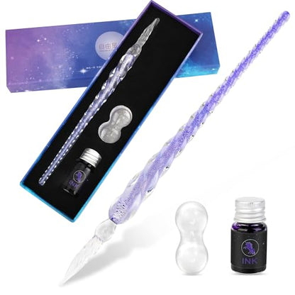 Luxiv Glass Dip Pen Set, Purple Crystal Pen With Ink, Holder, and Package - color: Purple, style: Basic