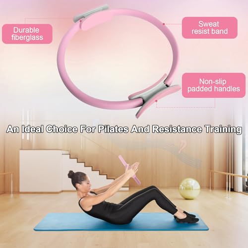 Pilates Ring 15 Inch Magic Circle Ring, Dual Padded Handles Pilates Rings Circle, Adjustable Yoga Ring - color: Pink