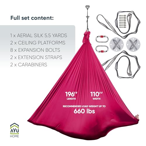 AyuHome Aerial Silks Yoga Swing Aerial Hammock Kit for Home | Premium aerial silks yoga swing kit with rigging hardware for aerial yoga, gymnastics, and home fitness - color: Aerial silk - Wine Red - New