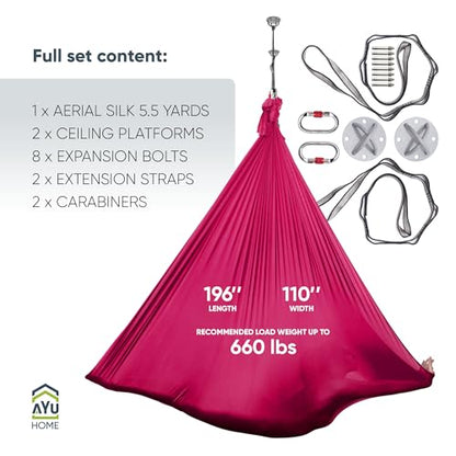 AyuHome Aerial Silks Yoga Swing Aerial Hammock Kit for Home | Premium aerial silks yoga swing kit with rigging hardware for aerial yoga, gymnastics, and home fitness - color: Aerial silk - Wine Red - New