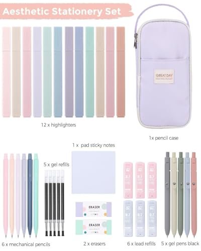 SKYDUE Cute School Supplies Kit, 38 PCS Aesthetic Stationery Set with Large Pencil Case, Pens, Mechanical Pencils, Highlighters & Sticky Notes for School, College Purple - color: Purple