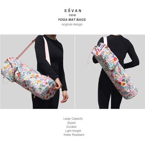 ESVAN Yoga Mat Bag with Multi Pockets Drawstring Yoga Mat Carrier Pilates Exercise Multi-Functional Storage Bag - color: Canvas Pink Flower