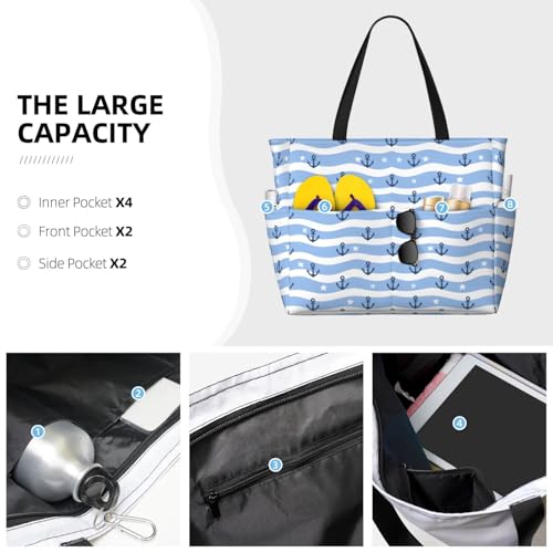 Large Beach Bag for Women Waterproof Foldable Travel Shoulder Tote Bag with Pocket for Weekender Pool Vacation - color: Anchor Blue