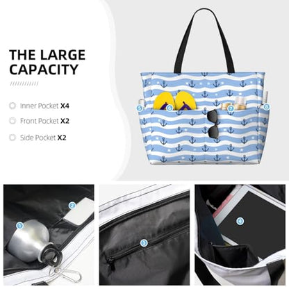 Large Beach Bag for Women Waterproof Foldable Travel Shoulder Tote Bag with Pocket for Weekender Pool Vacation - color: Anchor Blue