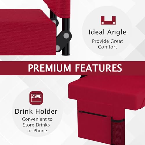 2pcs Stadium Seat for Bleachers with Back Support，Portable Bleacher Chairs with Back and Cushion，Includes Shoulder Strap and Cup Holder - color: Maroon,2 Pack