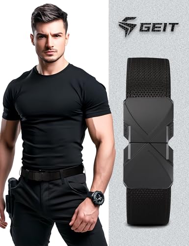 GEIT Stretch Nylon Belt,1 3/8" Elastic Belt with Quick Release Buckle - color: Black, size: Waist 51"-54" (Length61")