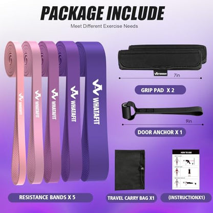 WHATAFIT Resistance Bands, 5 Level Pull Up Assistance Bands for Working Out - color: 2.3-56.7kg(5-125파운드) 핑크 퍼플+그립
