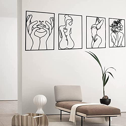 Glamativity Large 4 Pack Black Wall Art, Minimalist Single Line Art, Real Metal Wall Art, Woman's Body Shape Abstract Art (Black Classic Style, L Size 22.5 x 15.7'') - color: Black Classic Style, size: L Size 22.5 x 15.7''