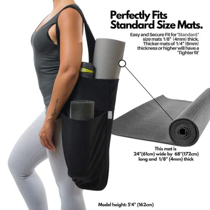Yogiii Yoga Mat Bag | The ORIGINAL YogiiiTote | Yoga Mat Carrier Tote Sling w/Large Side Pocket & Zipper Pocket | Fits Most Size Mats - color: Obsidian Black