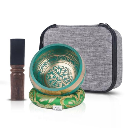 Kmise Tibetan Singing Bowls Set- Handmade in Nepal Meditation Sound Bowls for Yoga, Meditation, Mindfulness, Healing and Chakra Balancing, Stress Relief (5', Green) - color: 5inch Green