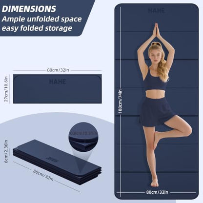 HAHE Foldable Yoga Mat 74"Lx32"Wx1/3"Thick, Folding Exercise Mats - color: Navy Blue