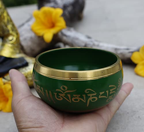 DharmaObjects Tibetan Meditation Om Mani Singing Bowl/Cushion/Mallet (Green) - color: Green, size: Small