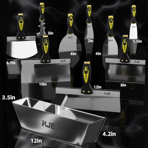 KJE 10PCS Drywall Tools, Drywall Knife set, Drywall Tool Kit includes Taping knives, Putty Knives, Joint Knives, and a Mud Pan, for Wall Work, Espatulas Para Construccion