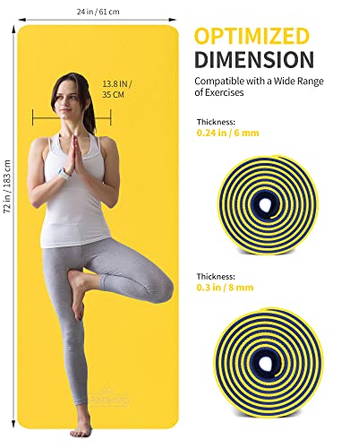 CAMBIVO Yoga Mat for Women Men Kids, 1/3 & 1/4 & 2/5 Inch Extra Thick Yoga Mat Non Slip, 72" x 24" TPE Yoga Mats, Workout Mat with Carrying Strap for Yoga, Pilates and Floor Exercises - color: Yellow+Blue, size: 72*24*0.24 inch