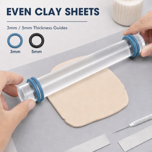 DIYOOHOMY 18 Pcs Polymer Clay Tools Kit, Rolling Pin with Thickness Rings | Air Dry Clay Jewelry Earring Making Set Sculpting, Small Acrylic Roller, Dotting, Tissue Blades Cutters Craft Knife, Needle - color: 14 Pcs