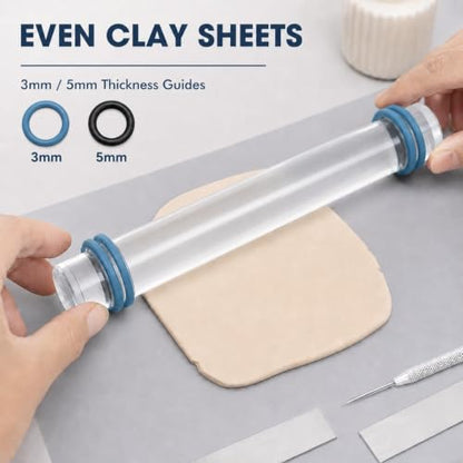 DIYOOHOMY 18 Pcs Polymer Clay Tools Kit, Rolling Pin with Thickness Rings | Air Dry Clay Jewelry Earring Making Set Sculpting, Small Acrylic Roller, Dotting, Tissue Blades Cutters Craft Knife, Needle - color: 14 Pcs