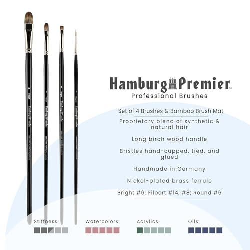 Creative Mark Hamburg Premiere Professional Oil Painting Brushes - Medium Asst Set of 4 Handmade Oil Paint Brushes w/ #14 Filbert - Natural & Synthetic Blend, Long Triple-Lacquered Birch Handle - size: Medium - Set of 5