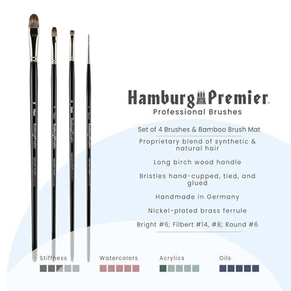 Creative Mark Hamburg Premiere Professional Oil Painting Brushes - Medium Asst Set of 4 Handmade Oil Paint Brushes w/ #14 Filbert - Natural & Synthetic Blend, Long Triple-Lacquered Birch Handle - size: Medium - Set of 5