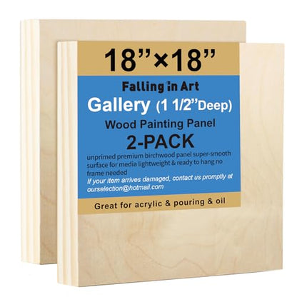 2 Pack 18x18 Gallery Unfinished Wooden Canvas Panels | Birch Wood Panels Kit, 1 1/2" Deep Art Cradle Boards for Acrylic Painting, Pouring and Burning - size: 18*18 2 Pack
