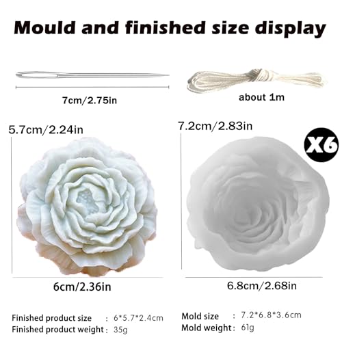 6 Pack Peony Flower Silicone Soap Molds with Large-Eye Wicking Needle,Candlewick,Moldes para Velas, Flower Molds Silicone Candle Molds for DIY Scented Candle, Soy Wax, Cake, Soap,Casting Craft Mould - color: 6PCS-Peony