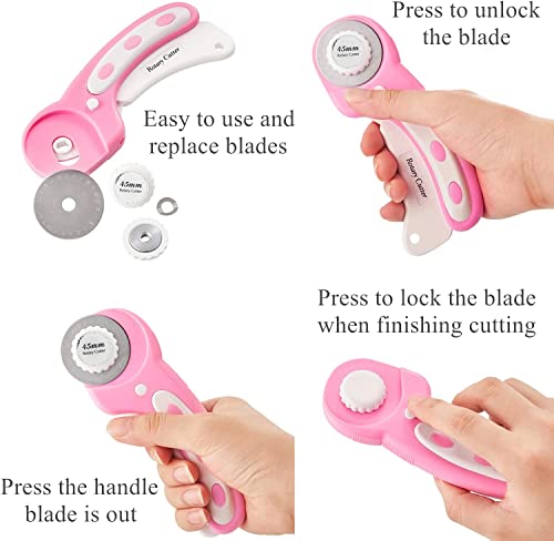 Rotary Cutter Set Pink - Quilting Kit incl. 45mm Fabric Cutter, 5 Replacement Blades, A2 Cutting Mat, Acrylic Quilting Ruler and Sewing Clips, Craft Knife Set, Ideal for Crafting, Sewing, Patchworking - color: Pink, size: A2 Rotary Cutter Set