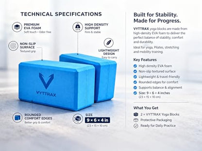 Yoga Blocks Set of 2, High Density EVA Foam Yoga Block, Non-Slip, Lightweight, for Yoga, Pilates, Stretching & Balance Training (Blue 9x6x4 inch)