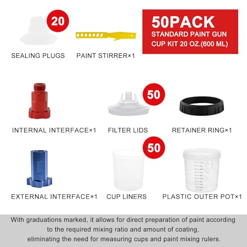 RRJ Disposable Paint Cup Spray Gun Cup, Paint System for LVLP and HVLP Spray Gun Kit 600 ML Mixing Cup with 50 Cups Liners and Lids, 1 Hard Cup with Retainer Ring, 2 Cup Adapter, Stirrer - color: 20 Ounce (600ml) Kit-50PCS