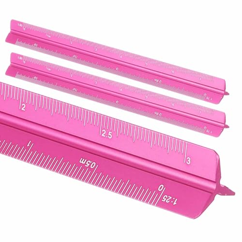 HARFINGTON 2 Pcs Architectural Scale Ruler, 7 Inch Metric Aluminum Alloy Architect Triangular Small Scale Laser-Etched Blueprint Drafting Ruler for Architects Engineers, Rose Red - color: Rose Red, size: 7 Inch