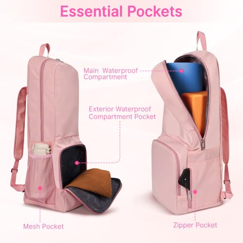 Yoga Mat Bag Carrier Backpack with Multi Pockets | Yoga Mat Holder Waterproof & Zipper Closure, Water Bottle Pocket, Large Capacity, Multipurpose Use - color: Pink