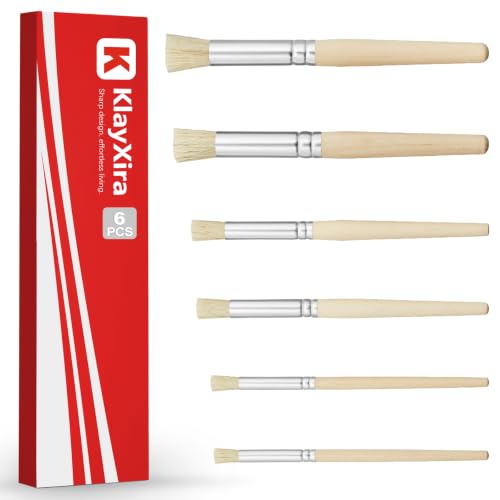 6 Pcs Wooden Stencil Brush Set, Natural Hog Bristle Stipple Brushes, Multi-Size Painting Tools for Acrylic Oil Watercolor DIY Craft Art