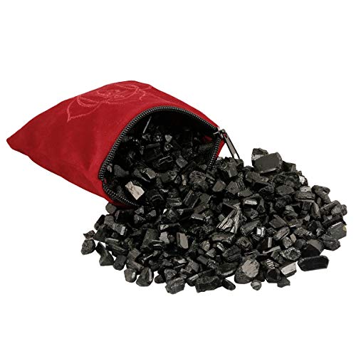 SUNYIK Natural Black Tourmaline Tumbled Chips Stone with Root Chakra Pillow | 0.5LB/230g Crushed Crystal Quartz Chips for 7 Chakra Healing Meditation Yoga Reiki Energy Balancing - color: #2-black/Red