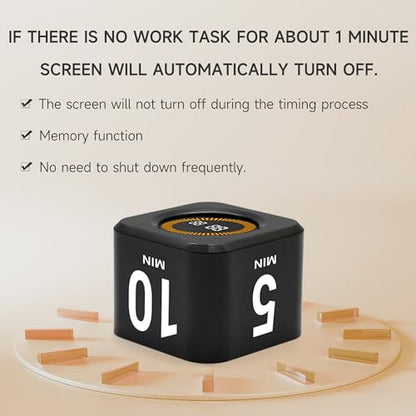 Rotating Productivity Timer, 5, 25, 10, 50 Minute Presets, Desk Cube | Gravity sensor with mute function; ADHD-friendly for work, study, kitchen and back to school - color: Black
