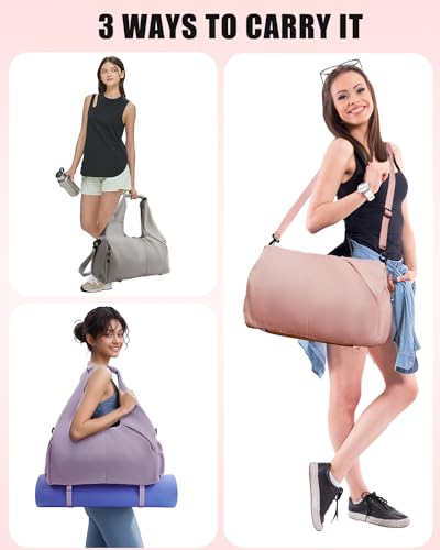 RHDZO 여성용 체육관 가방, 신발 수납 공간 요가 매트 백, 습식 포켓 및 물병 홀더 포함, 스트랩 포함 위켄더 백 - color: 핑크