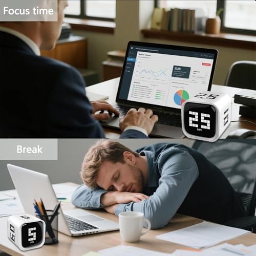 Rotating Focus Timer, 5/25/10/50-Minute Pomodoro Timer, Desk Flip Countdown with Vibration & Volume Control, ADHD-Friendly Tool for Office, Study, and Kitchen (Black) - color: Black