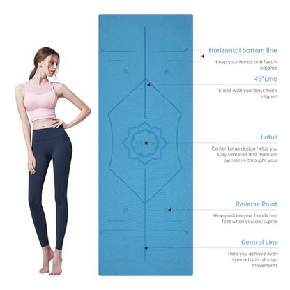 CSITE Yoga Mat Towel with Silicone Grip Dots & Rectangular Wrap Design, Non Slip Hot Yoga Mat Towel with Alignment Line + 1pc Hand Towel, 72” x 24”, Dark Blue