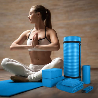 BalanceFrom 7-Piece Yoga Set with 71x24x1 Inches Extra Thick Mat and Carrying Sling – Includes 2 Blocks, Stretch Strap, 2 Towels, and Knee Pad for Home, Studio, and Gym Workouts - color: Blue