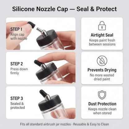 10pk 0.75oz Glass Airbrush Bottles,60°Siphon with Storage Lids & Cap | 60° siphon adapter fits Iwata/Master/Badger/Paasche. 10 glass jars + 5 sealing lids for storage + 10 silicone dust caps - size: G3PG