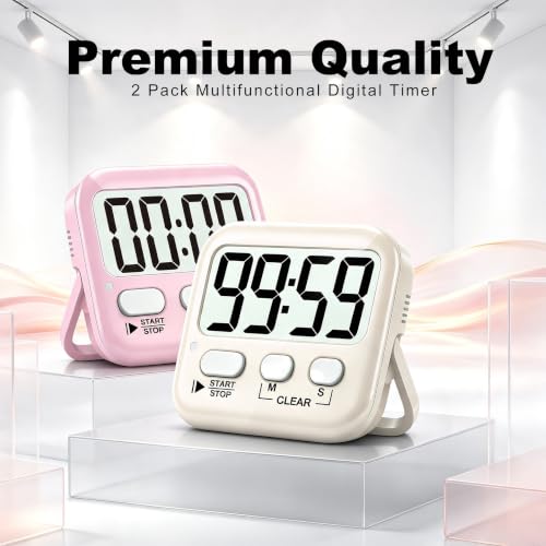 Antonki 2 Pack Digital Timer for Kids Classroom Kitchen Timers for Cooking | w/ Battery, Easy to View, Alarm, Mute Mode, Count Down/Up, Magnetic, Kickstand, Hanging, Classroom Timer for Teacher Supplies - color: 2 * Lovely Pink + Light Peach