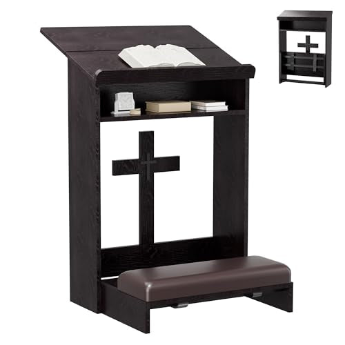 Foldable Prayer Kneeler, Wooden Prayer Bench with Storage Shelf, Cushion Pad, Rounded Corner Bookend and Customizable Cross Decoration, Reinforced Steel Tube Base Design (Dark Brown) - color: Dark Brown