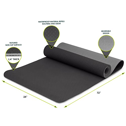 ProsourceFit Natura TPE Yoga Mat 1/4" (6mm) Thick, 72" Long, Reversible with High-Density Cushion & Non-slip Texture, Eco-conscious & Hygienic - color: Black/Grey