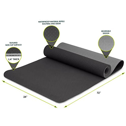 ProsourceFit Natura TPE Yoga Mat 1/4" (6mm) Thick, 72" Long, Reversible with High-Density Cushion & Non-slip Texture, Eco-conscious & Hygienic - color: Black/Grey