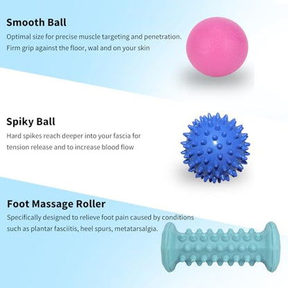 Blue Foot Massager Roller Set for Plantar Fasciitis, Arch&Heel Pain Relief | Includes Foot Roller, lacrosse and spiky massage balls for deep tissue trigger point muscle therapy and neuropathy relief - color: Blue Combination