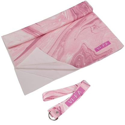 VI-FA Soft Yoga Mat Towel Hot Yoga Towel Non Slip Microfiber Yoga Mat Cover with 6 Feet Yoga Strap/Mat Carry Strap for Workout, Gym, Fitness -Pink Marble Pattern 68" X24''