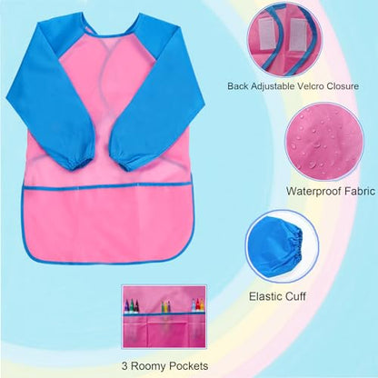 2 Pack Kids Art Smock Waterproof with Long Sleeve and 3 Roomy Pockets Artist Children Aprons for Toddlers Age 3-8 Painting Crafts（Pink） - color: 2 Pack Pink