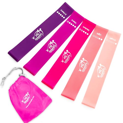 Fit Simplify Resistance Loop Exercise Bands with Instruction Guide and Carry Bag, Set of 5 - color: Berry