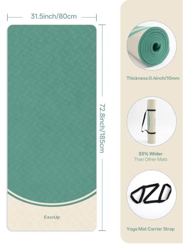 EaseUp 10mm Thick Yoga Mat, 73"×31.5" Extra Wide, Non-Slip with Strap - color: Green