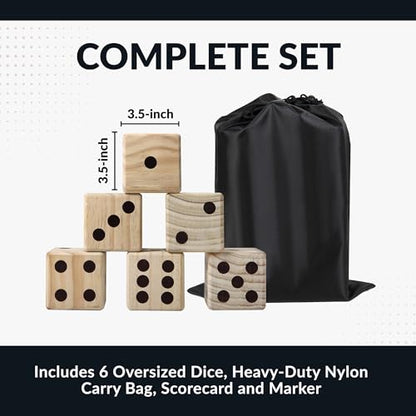 Hathaway High Roller yd Dice Set with 6 x 3.5-in Wooden Dice & Black Nylon Storage Bag, Reusable Scorecard Included yd Dice, Wood